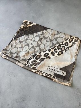 Coach Neutral Leopard Print Silk Scarf Y2K Gray Taupe Neutral.